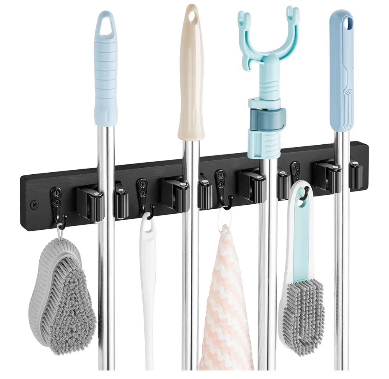 Black Mop Broom Holder Wall Mount with 4 Slots & 4 Hooks - Rustic Wood Broom Mop Hanger for Pantry Closet Laundry Room Organization - Heavy Duty Garde