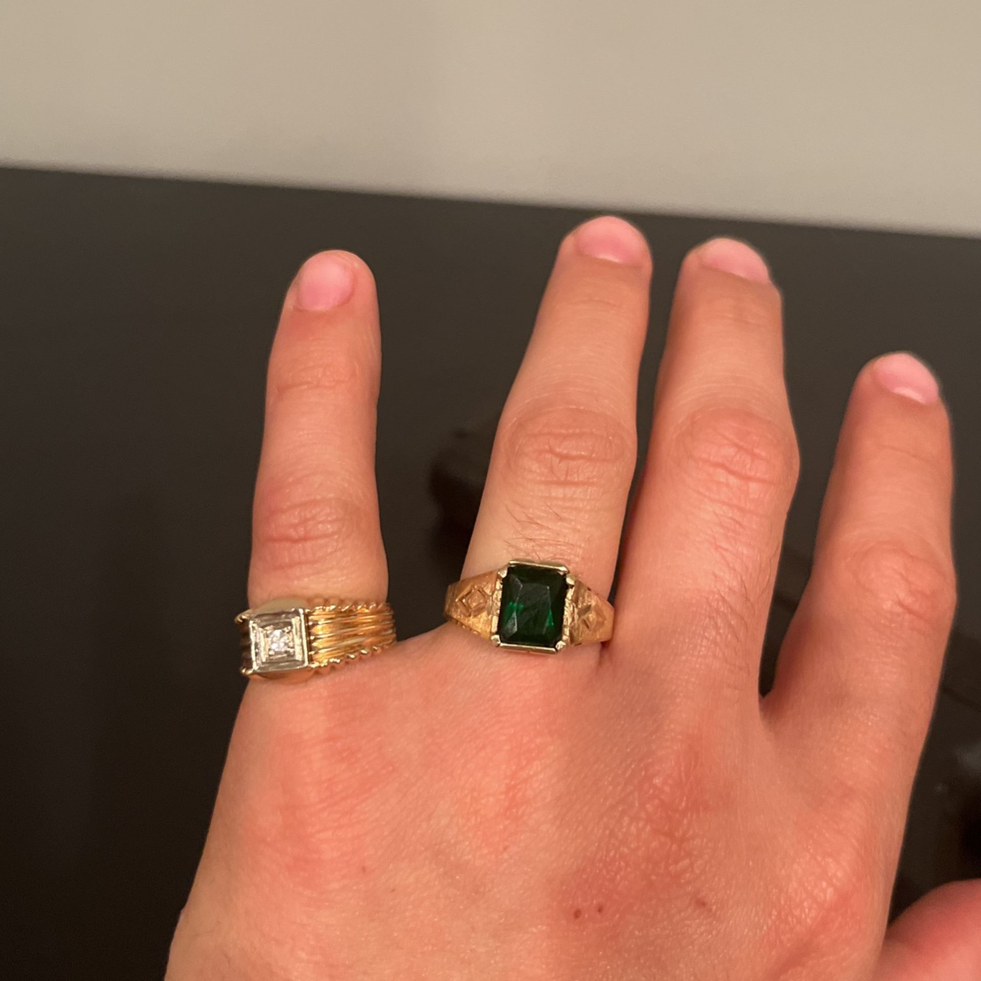 14k Solid Gold Rings “Non Real Emerald” 1Inch Wide 6.4 Grams “Real Diamond” 1Inch 6.5 Grams Obo