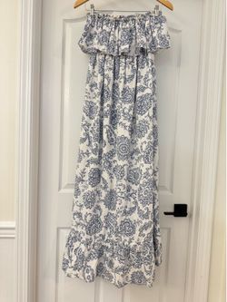 Moda International 100% Linen Off Shoulder White & Blue/Grey Boho Maxi Dress M