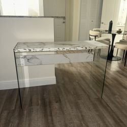 Faux White Marble And Glass Console Table/ Desk 