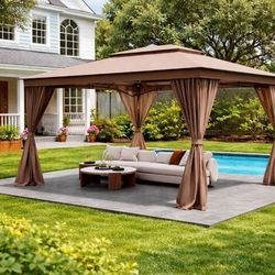 Costway 10 x 13 Ft Patio Gazebo, Double Roof Design with Mesh Netting and Privacy Curtains, Weather-Resistant Polyester Canopy, Powder-Coated Metal Fr