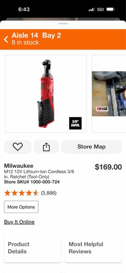 Milwaukee 2457-20 M12 12V 3/8" Inch Cordless Ratchet