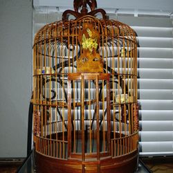Teak Antique Bird Cage Bamboo Handpainted Porcelain Feeders 