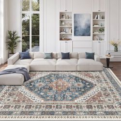 8x10 Area Rugs for Living Room,Large Washable Rug,Blue Rugs for Bedroom,Dining Room,Office,Low Pile,Soft, Vintage Rug,Stain Resistant Indoor Carpet,No