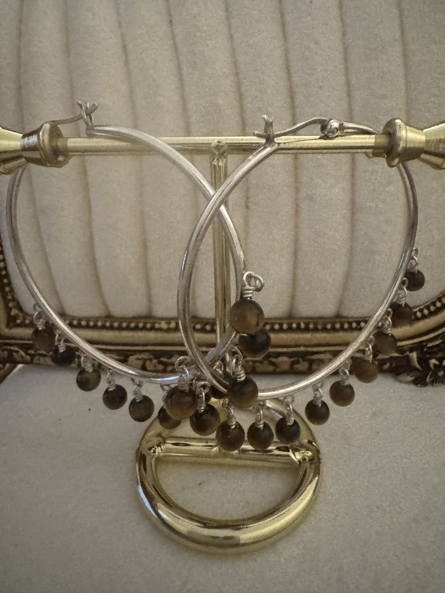 Sterling Silver ~5.4mm Wide Ball Tiger's Eye Dangle Hoop Earrings ~2.25"