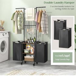 Laundry Basket Organizer with Wheels, Rolling Laundry Cart with Hanging Rack, Laundry Hamper, Laundry Room Organization and Storage