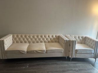 Beige Button-Tufted Couch & Matching Accent Chair – Nailhead Trim