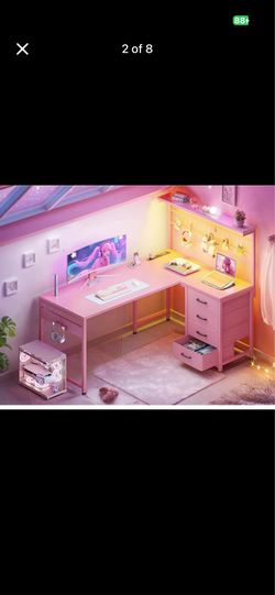 New Pink Gaming Desk with Carbon Fiber Texture & Built-in Power Outlet