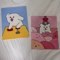 Set of 2 Cute Couple Dogs with Claw Machine Design Acrylic Painting