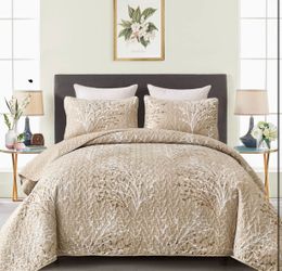 New Beige Quilt Set Queen Size Botanical Bedspread Coverlet Floral