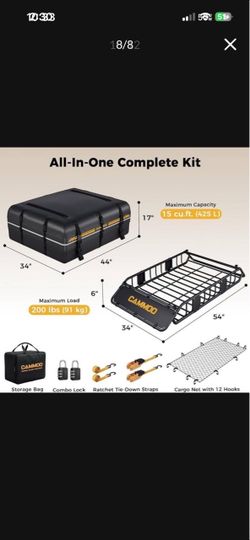 CAMMOO 54"x34" Roof Rack Basket, Removable Fairing & Support Bars for Kayaks/Long Gear, 15 Cu.Ft Waterproof Soft Bag+Lock+Net+Strap–200Lbs Capacity Ro