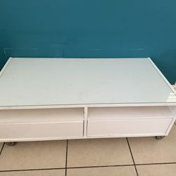White TV Stand / Coffee Table with Glass Top and Storage Drawers on Wheels