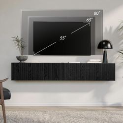 Floating TV Stand, Wall Mounted Shelf, Modern Floating Entertainment Center with 4 Fluted Flip-Down Doors, 70" Large Storage Media Console Wall Unit f