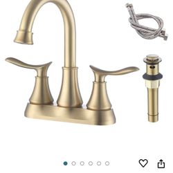Bathroom Faucet Brushed Gold with Pop up Drain & Supply Hoses 2-Handle 360 Degree High Arc Swivel Spout Centerset 4 Inch Vanity Sink Faucet