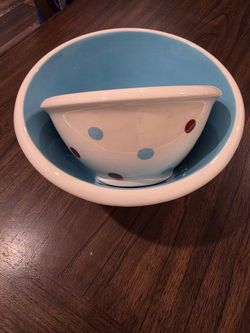 Set of 2 Ceramic Nesting Bowls | Blue & Brown Polka Dots