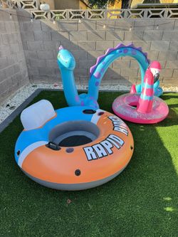 Lot of 3 pool inflatables – donut, flamingo, and dinosaur used