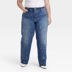 Women's Mid-Rise Embroidered Daisy Baggy Jeans - Universal Thread Medium Wash Size 17