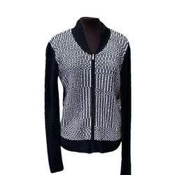 St. John Yellow Label Black&White Ribbed Textured Zip Knit Sweater Jacket Size M