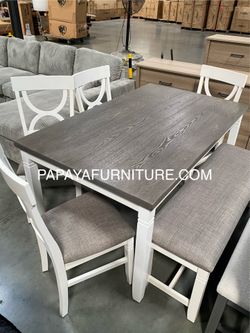 New! 6pcs White Rustic Dining Set, Dinette Set, Kitchen Table And Chairs, Table, Chairs, Bench, Casual Dining Set, Rectangular Dining Table, Dining Ro