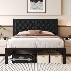 Queen Bed Frame, PU Leather Upholstered Platform Bed Frame