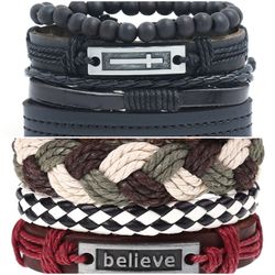 2 x Set Adjust. Size up to 9.5inc Leather Bracelet, (Cross_2-Believe_1)
