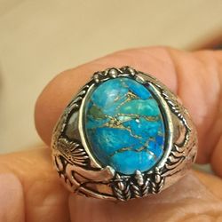 Southwestern Style Silver tone 925 Turqoise Ring Size 10