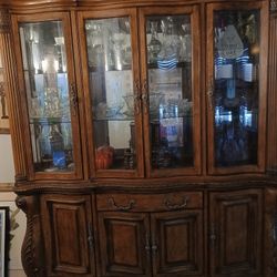 Solid Wooden Carved Two Piece China Cabinet And Buffet
