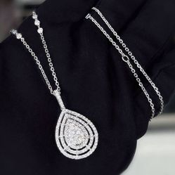 14k white gold 2.5CTW Natural Diamond Pear shape pendant & chain 18” Necklace