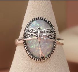 DRAGONFLY SILVER RING SYNTHETIC OPAL GEMSTONE