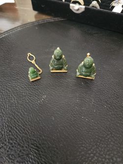 Vintage Gold Plated Jade Buddah Cufflinks And Tie Pin