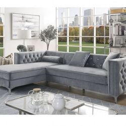 Brand New Velvet Glam Crystal Tufted Grey Silver L Shape Storage Sectional