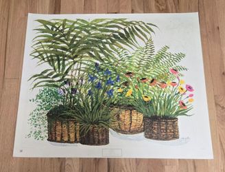 Vintage MCM Ida Pellei Fern Flower Basket Lithograph Art Print 1972 26x32"