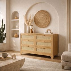 Dresser for Bedroom with 6 Drawers – Chest of Drawers rattan design  Farmhouse Entryway Natural oak
