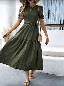 Shein Army Green Solid Puff Sleeve Ruffle Dress Maxi Women’s