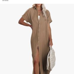 Dokotoo Womens Casual Short Sleeve Side Split Button Down Long Kimonos Cardigans Swimsuit Cover Ups Summer Beach Dress