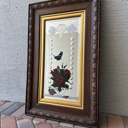 Antique Victorian Painted Bubble Glass Floral Wall Art Mirror Framed 