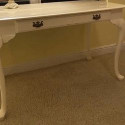 Elegant white wooden Desk / console table with ornate handles.