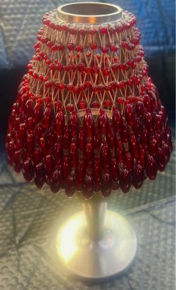 Vintage ~ Pottery Barn, 10-1/2” Tealight Candle Lamp with a vibrant ruby red glass beaded shade; Brushed Nickel