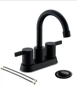 Phiestina 4 Inch 2 Handle Centerset Matte Black Lead-Free Modern Bathroom Faucet with Pop Up Drain and Water Supply Lines