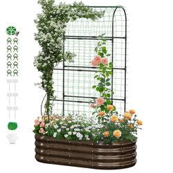 2 in 1 Galvanized Raised Garden Bed, 1Pcs Garden Planter Box with 71" H Trellis for Climbing Plants, Outdoor Gardening Raised Beds with Climbing Net f