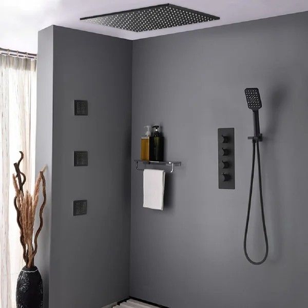 Thermostatic Black Shower System with Hand Shower and 3 Body Jets