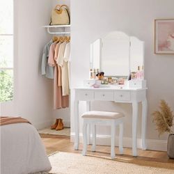 Makeup Vanity Set, Makeup Dressing Table Set with Tri-Folding Mirror, Makeup Table with 5 Drawers and 1 Removable Storage Box, Solid Wood Legs, Cushio