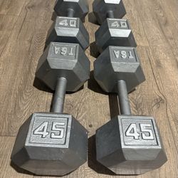 Pair Of Cast Iron Hex Dumbbells Reconditioned Like NEW  40s  & 45s  (170 lbs)