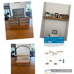 Crates, table numbers and floating shelf