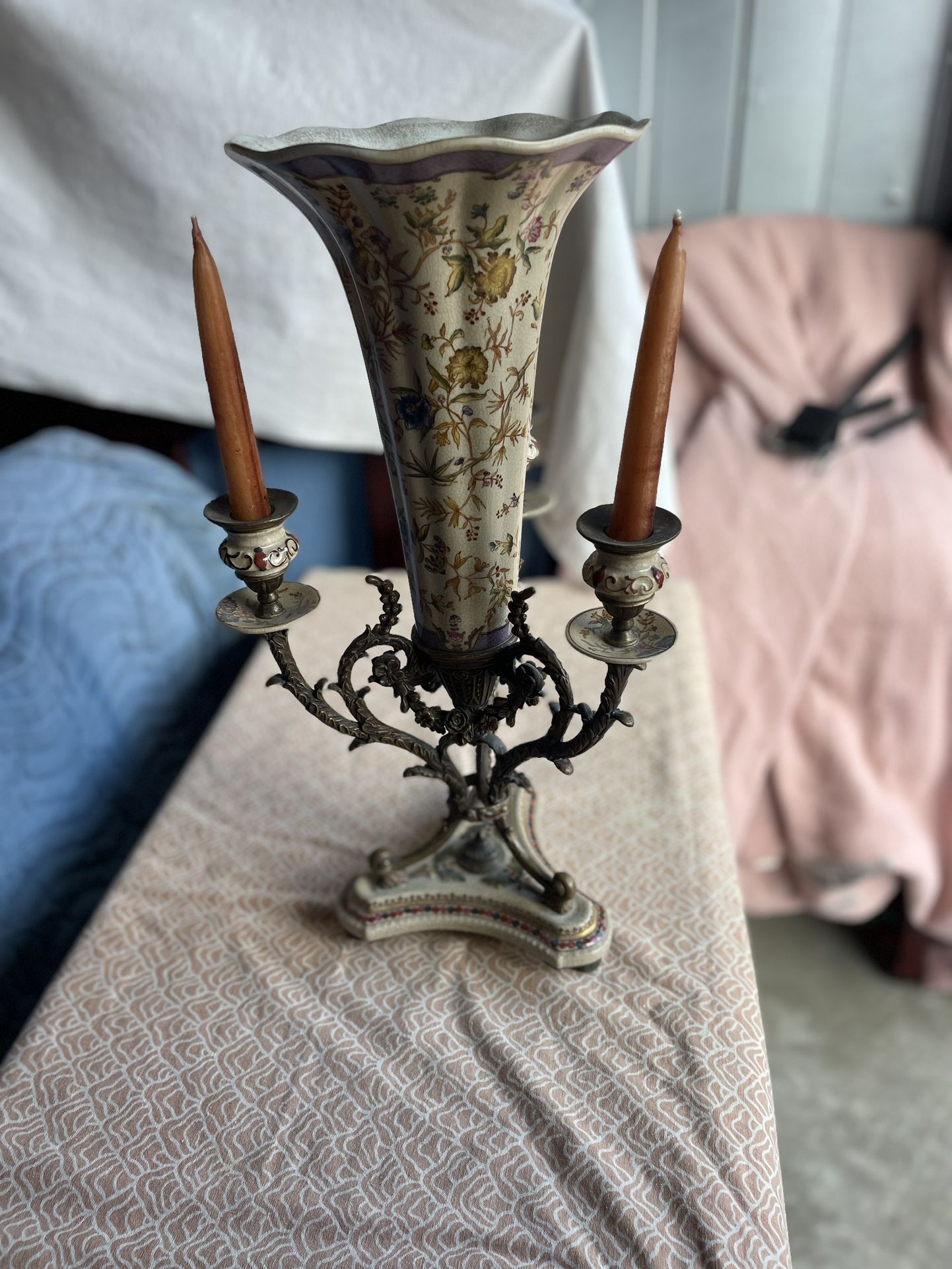 Vintage Brass and Porcelain 3 Candle Candelabra 
