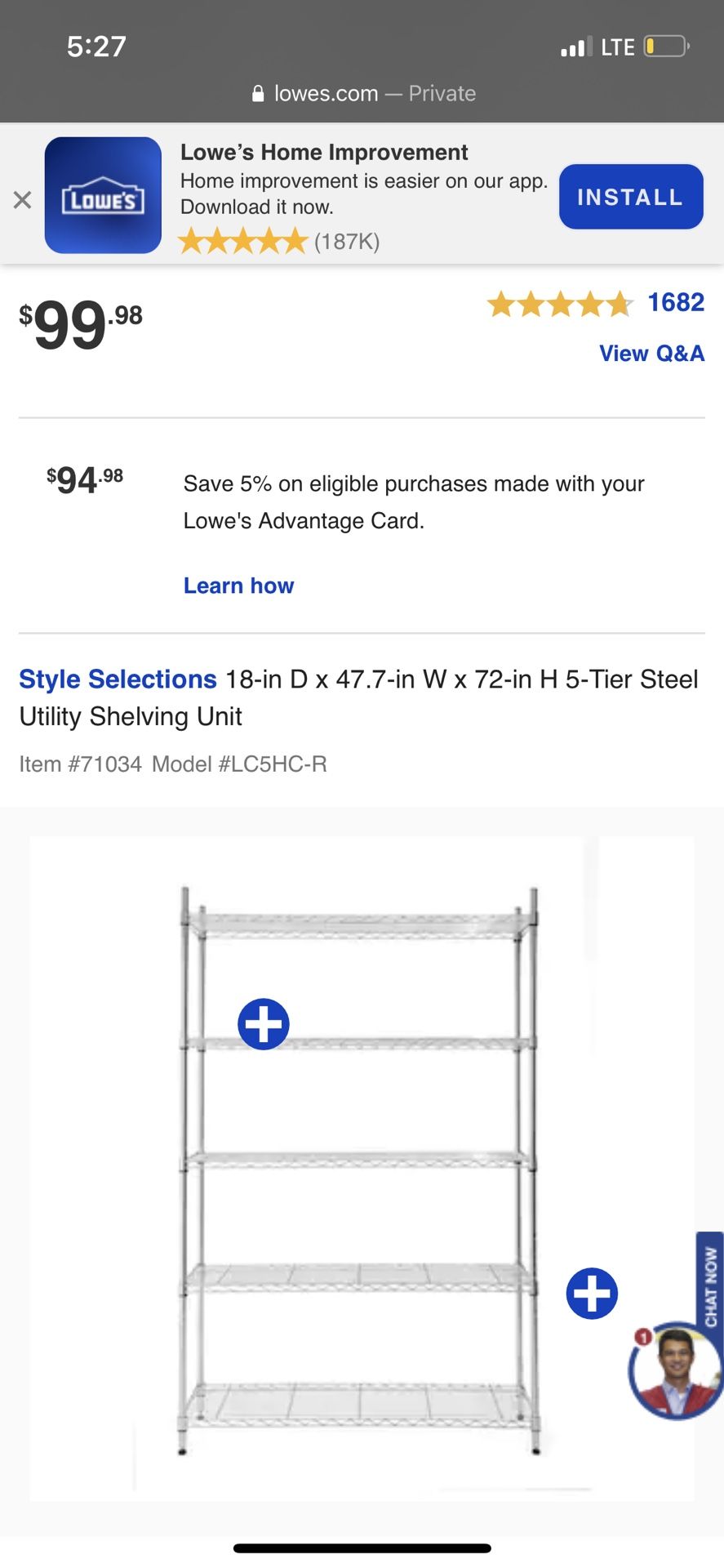 Style Selections 18-in D x 47.7-in W x 72-in H 5-Tier Steel Utility Freestanding Shelving Unit Style Selections 18-in D x 47.7-in W x 72-in H 5-Tier Steel Utility Freestanding Shelving Unit