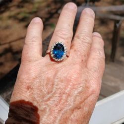 London Blue And White Zircon Ring, Rhodium Over Sterling Silver. Size 10