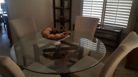 Glass table, 4 chairs, corner and shelved table matching