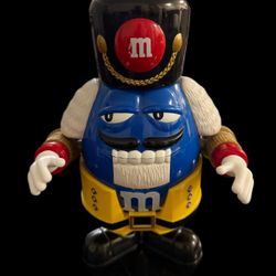 Blue M & M Candy Dispenser Nutcracker Toy Soldier Yellow Uniform 10" talk 