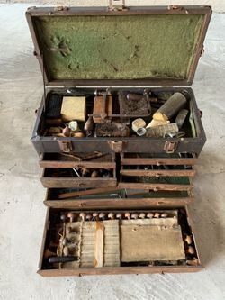 Vintage metal work tool set and box